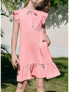 Girls Dresses Ruffle Trim Sleeveless V Neck Casual A-Line Flowy Dress With Pockets - 粉色 - 查看 2