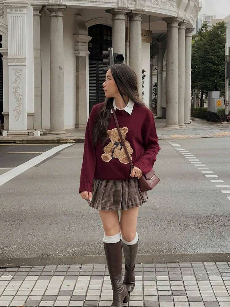 Suéter de punto de cuello redondo de manga larga con estampado de oso de dibujos animados para mujer, atuendos de otoño para mujer, ropa de vuelta al colegio, atuendos de concierto para mujer, blusas para salir para mujer, ropa urbana para mujer, atuendo d