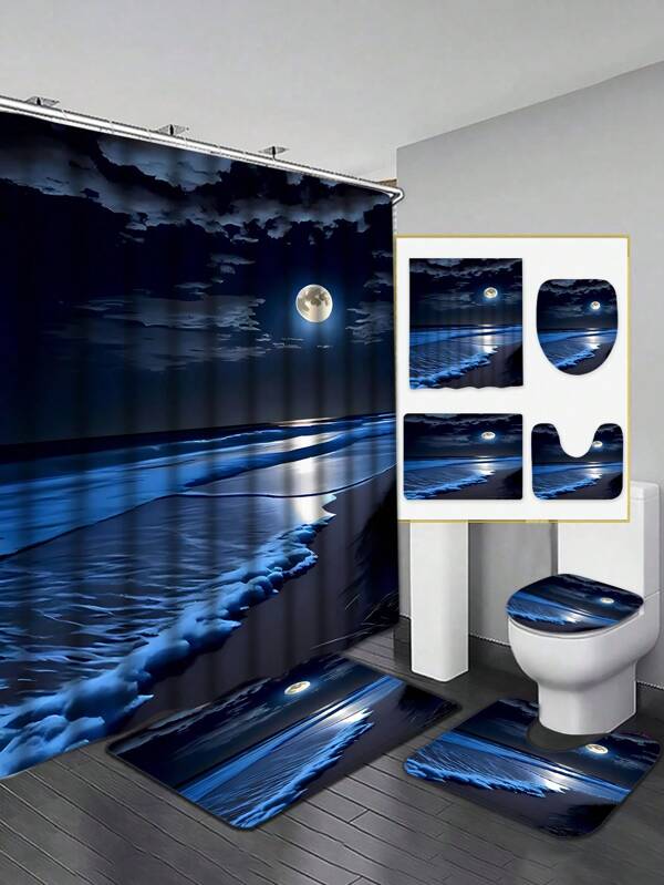 [1/4 Piece Modern Ocean Shower Curtain Set] 1/4 Piece Modern Artistic Home Decor Ocean, Beach, Moon Print Shower Curtain Set, All-In-One Bathroom Decoration, Including Waterproof Shower Curtain With Hooks, Non-Slip Mat, Toilet Seat Cover, U-Shaped Rug, Bathtub Divider, Bathroom Accessories, Household Essentials