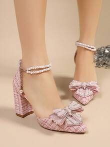 2025春夏新款尖头高跟鞋，蝴蝶结透明仙女带法式凉鞋，镶钻，优雅，女士高跟鞋，优雅，派对装扮，婚礼装扮 - 粉色 - 查看 6