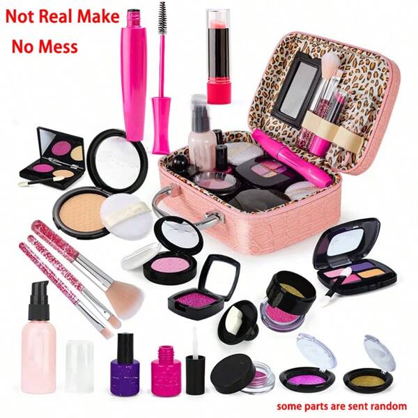 21pcs Realistic Makeup Toys Set For Little Girls, Includes Fake Lipstick, 3 Makeup Brushes, Blush, Eyeshadow, Glitter, Powder Puff, Lotion Bottle, Mascara, Compact Powder, Quad Eyeshadow, Nail Polish And Orange PU Bag, Suitable For Makeup Simulation Games And Birthday Gifts