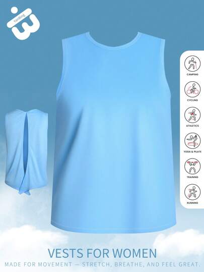 Regata esportiva feminina azul-claro sem costas | Design aberto nas costas | Secagem rápida e respirável | Recomendado para exercícios de verão e treino de ioga