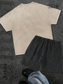 Urban Art Washed Beige & Washed Black Shorts Y2K Washed Matching Set For Men – Vintage Gradient 2-Piece Outfit, Graphic Tee & Shorts Set, Men's Print Set, Custom Men's Tops & Shorts,Summer Streetwear, Retro Cotton Loungewear - 米色 - 查看 2