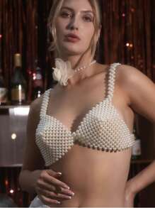 1 pieza Nuevo 2025 Bata de playa de verano para damas con detalle de perlas en el cuello halter; Top con cadena de perlas para el Body