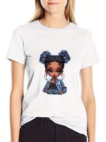 Camiseta Casual Gráfica para Mujer - Ajuste Holgado con Manga Corta y Diseño de Retrato Elegante, Perfecta para Salidas de Primavera/Verano - blanco - Ver 2