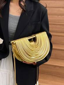 2025新款夏季时尚创意手工编织金色手提包，女士钱包，独特派对包，半圆形包，可单肩斜挎，适合度假、通勤、聚会、舞会和派对