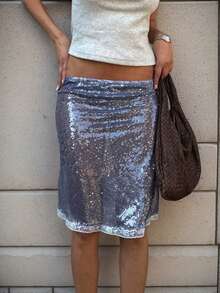 Women's Summer Skirts Sequins Lace Trim Elastic Waist See Through Short Pencil Skirts - Blue - View 1