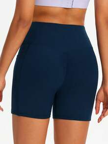 ROYALS MATTINI 女式海军蓝骑行瑜伽短裤，女式运动紧身裤和短裤，春夏健身短裤，带口袋，褶皱提臀，速干，交叉腰部弹力紧身修身骑行和跑步运动短裤 - 藏蓝色 - 查看 2