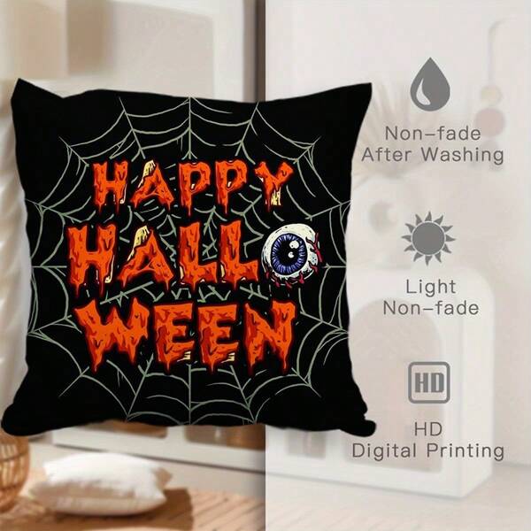 1 pièce Taie d'oreiller thème Halloween. Les toiles d'araignée et les motifs d'yeux créent une atmosphère festive et décorent les taies d'oreiller. Convient pour décorer les canapés, les lits, les voitures et d'autres scènes, peut être utilisé toute l'année, peut améliorer l'esthétique de la maison. (Hors rembourrage de l'oreiller)