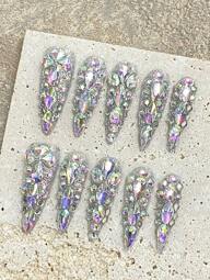 10pcs Handmade Sparkling Crystal Full-Covered Press-On Nails, Luxury High Pointed Nail Tips,Suitable For Party, Wedding, Daily Use, Homemade DIY Nail Art Supplies
