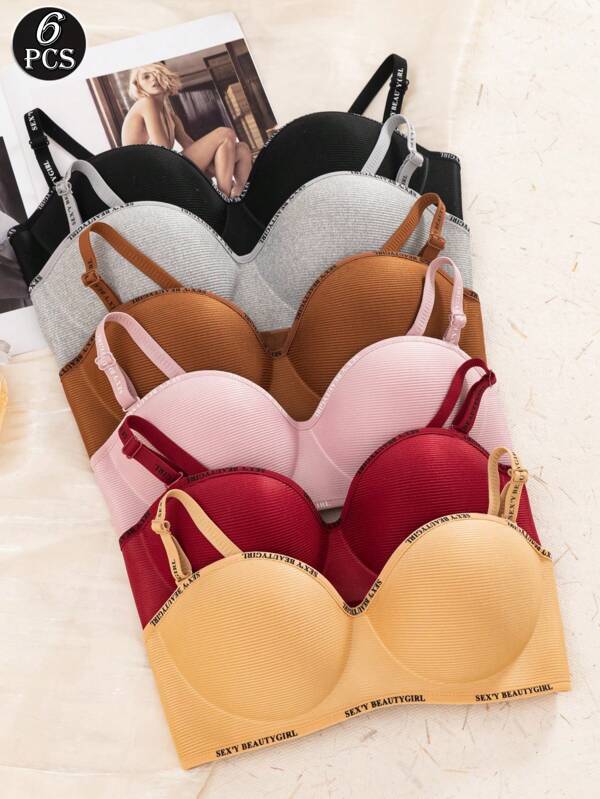 6pcs/Set Letter Decorated Adjustable Strap Padded Bras, Comfortable Removable Strap Lingerie For Petite Women