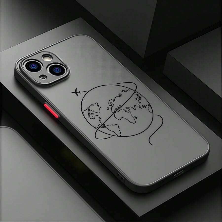 Shockproof Travel Elements Fashion 1pc Earth & Airplane Brand Pattern Full Coverage Skin-Friendly Anti-Drop Phone Case, Compatible With IPhone 17, 16, 15, 14, 13, 12, 11 Pro Max Women Gift Birthday Celebration - Black - View 1