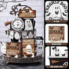 19pcs Halloween Wood Tiered Tray Decorations Coffee Ghosts Ghost Decorations Wooden Decor For Farmhouse Rustic Home Table Party Supplies, Cafe Centerpieces (Tray And Beads Not Included). Home Decor Halloween Decor Room Decor - Multicolor - View 4