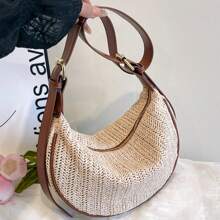 Bolso de mujer estilo Dumpling, diseño de PU + tejido, bolso bandolera, unicolor, bolso de uso diario de mujer con correa ajustable