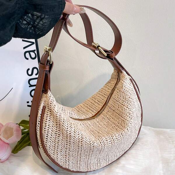 Bolso de cuero de mujer estilo Dumpling, diseño de cuero PU + tejido, bolso bandolera, unicolor, bolso de uso diario de mujer con correa ajustable