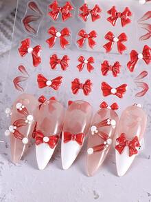 1 件 5D 浮雕红色蝴蝶结美甲贴纸，DIY 优雅蝴蝶结自粘贴花和滑块，美甲装饰配件工具，美甲沙龙，美甲用品 - 彩色 - 查看 3