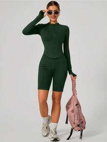 女士时尚立领拉链长袖瑜伽外套，紧身柔软，适合瑜伽服、户外健身运动，秋季健身锻炼必备