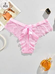 3-częściowe seksowne, słodkie, koronkowe stringi damskie z kokardką, półprzezroczysta bielizna z niskim stanem, czysty francuski, dojrzały urok, romantyczne majtki retro, lekkie, miękkie, wygodne, odpowiednie na prezenty do domu i na zewnątrz