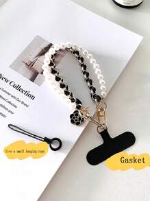 1 件仿珍珠双链串珠手机挂绳腕带带夹，女士礼物 - 彩色 - 查看 4