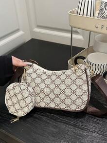 轻便、商务休闲几何印花流浪包拉链带零钱包，适合少女、女大学生、新秀和白领人士，非常适合办公室、大学、工作、商务、通勤、户外、旅行、郊游、女士包包带小钱包