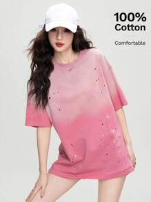 Black & White Ombre Color Block Wash Engineered Design Short Sleeve Mid-Length T-Shirt For Women, Summer Top