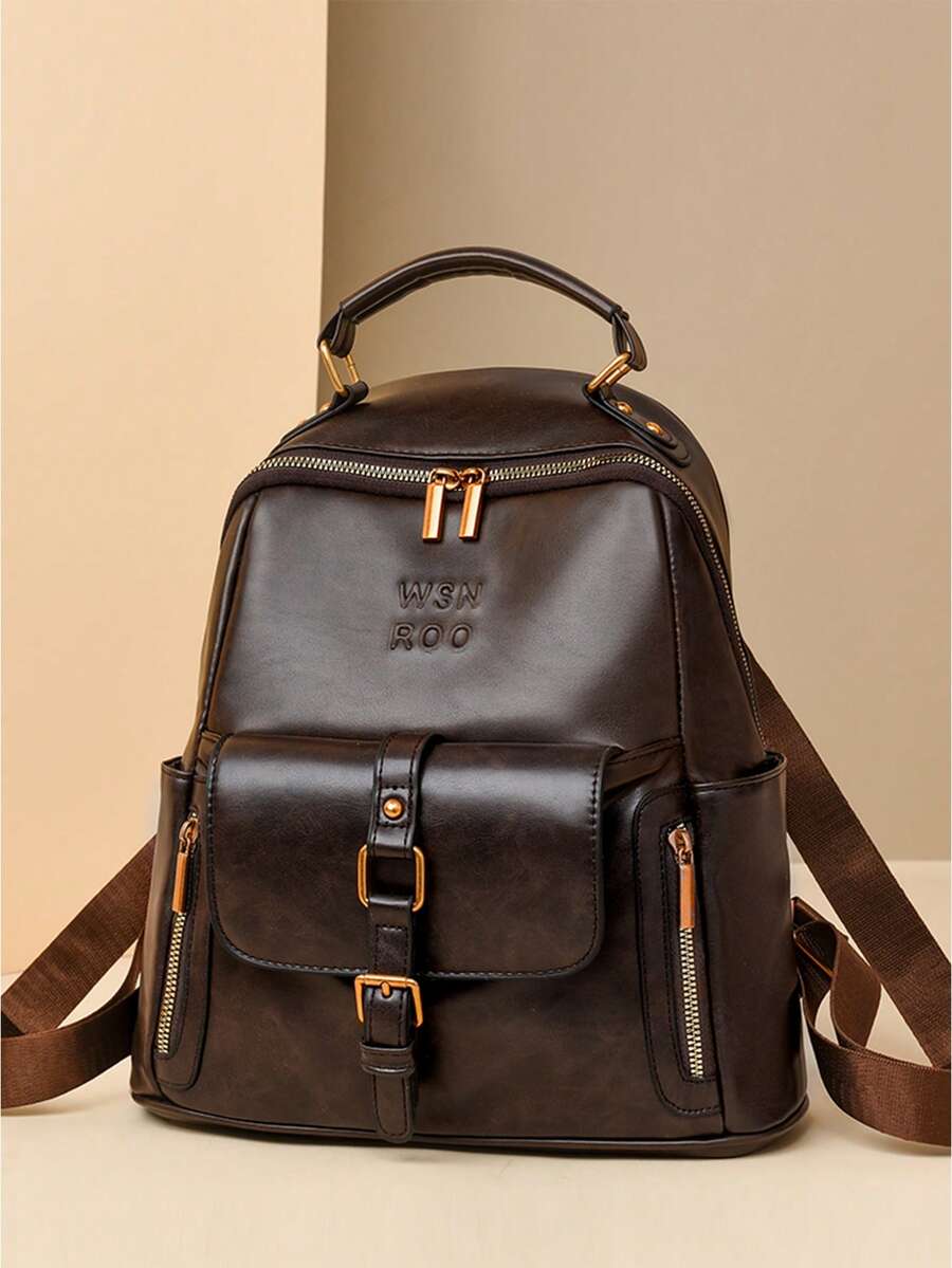 Ladies' Retro Small Backpack, Synthetic Leather, Detachable Strap, Multiple Compartments, Multifunctional Shoulder Bag For Daily Work - Brown - View 1