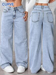 Halloween Plus Size Baby Blue Denim Pants, Autumn And Winter Women's Simple And Casual Loose Straight-Cut Washed Denim Pants