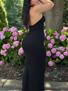 女士纯色后背开衩露背紧身长裙紧身性感派对礼服优雅生日服装 - 黑色 - 查看 4