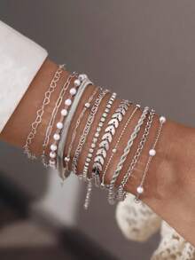 12 件/套复古优雅人造珍珠心形水晶飞机链手链套装，Y2K 个性化甜美简约多层佩戴银色珠宝，是送给女性、度假、派对、约会、情人节、母亲节的最佳礼物 - 銀色 - 查看 11