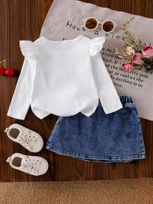 2 pièces/set Top t-shirt à manches courtes imprimé cerises pour bébé fille et jupe en jean plissée avec broderie de cerises - Blanc - Voir 4