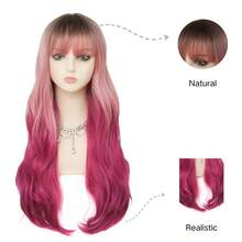 LOmbre Pink Long Wig With Bangs Dark Root Curly Wavy Wigs Synthetic Heat Resistant Fiber Hair Wig For Cosplay Halloween Use Dark Pink 5001 - 粉紅捲髮 - 查看 2