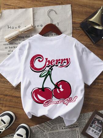 Women's Red Cherry Print Crew Neck Short Sleeve Casual T-Shirt, Fashionable & Versatile For Spring/Summer Everyday Wear