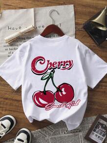 Camiseta casual feminina com estampa de cereja vermelha e gola redonda, manga curta, elegante e versátil para uso diário na primavera/verão