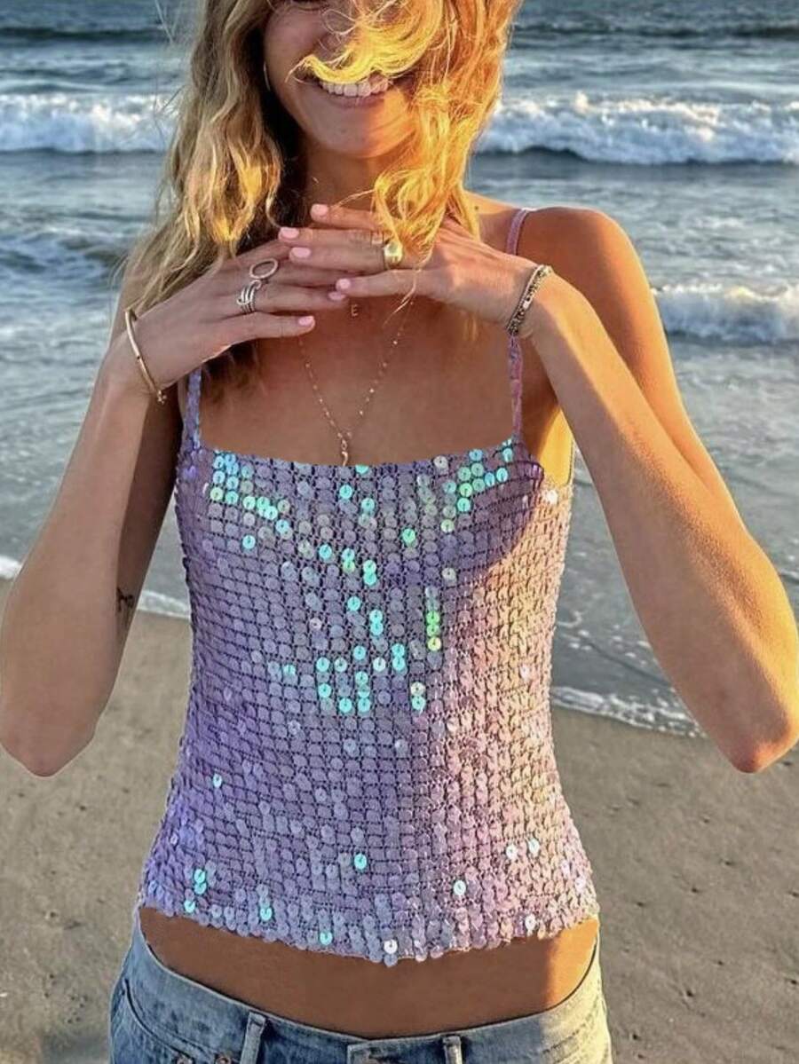 Womens Sequin Cami Tank Top Y2k Sparkly Spaghetti Strap Square Neck Loose Fit Camisole Crop Tops Sleeveless Bling Embellished Vests Shirts Glitter Rhinestone Going Out Tops Beach Party Club Wear - 藍色 - 查看 1