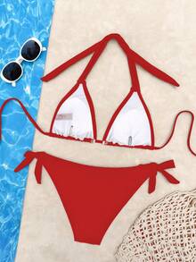 2pcs Women's Ocean Theme Decorative Sexy Casual Bikini Set, Spaghetti Strap Solid Color Swimsuit Suitable For Beach, Swimming, Spring/Summer Vacation, Removable Swimsuit Pads - Red - View 5