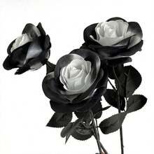 Set de 5 ramos de rosas artificiales blancas y negras, flores falsas de plástico góticas para boda, decoración de Halloween, tallos de rosas realistas para exhibición en el hogar u oficina