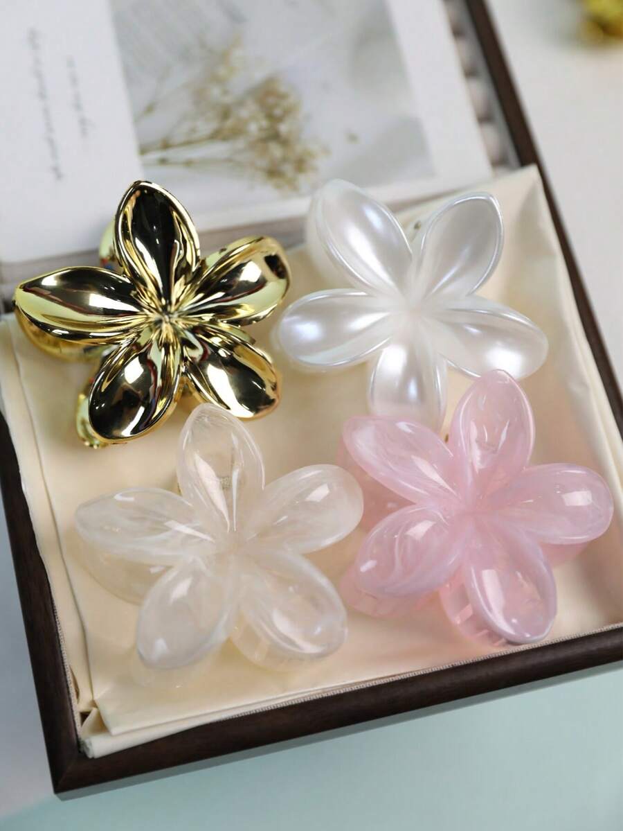 4 件/套 8 厘米/3.15 英寸 Y2K 女士亚克力锥形小花发夹，优雅精致，后脑勺半扎发盘，甜美时尚配饰，抓夹，可爱清新简约，适合日常佩戴，夏季海滩发饰，花朵发夹，时尚发爪夹，秋季配饰 - 彩色 - 查看 1