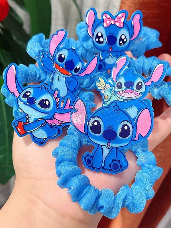 Disney 5pcs Blue Acrylic Stitch Scrunchies, Cute Elastic Hair Accessories Suitable For Women, Girls Home, Bathroom, Bedroom Use