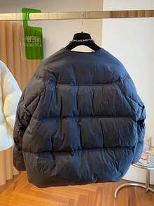 Women's Winter Solid Color Double-Breasted Jacket, Fashionable Short Quilted Coat, Winter Casual Round Neck Overcoat, With Pockets, Winter Clothing