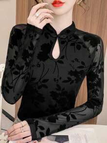 女士植绒蕾丝保暖上衣，复古旗袍领扣式网眼长袖衬衫，时尚秋冬