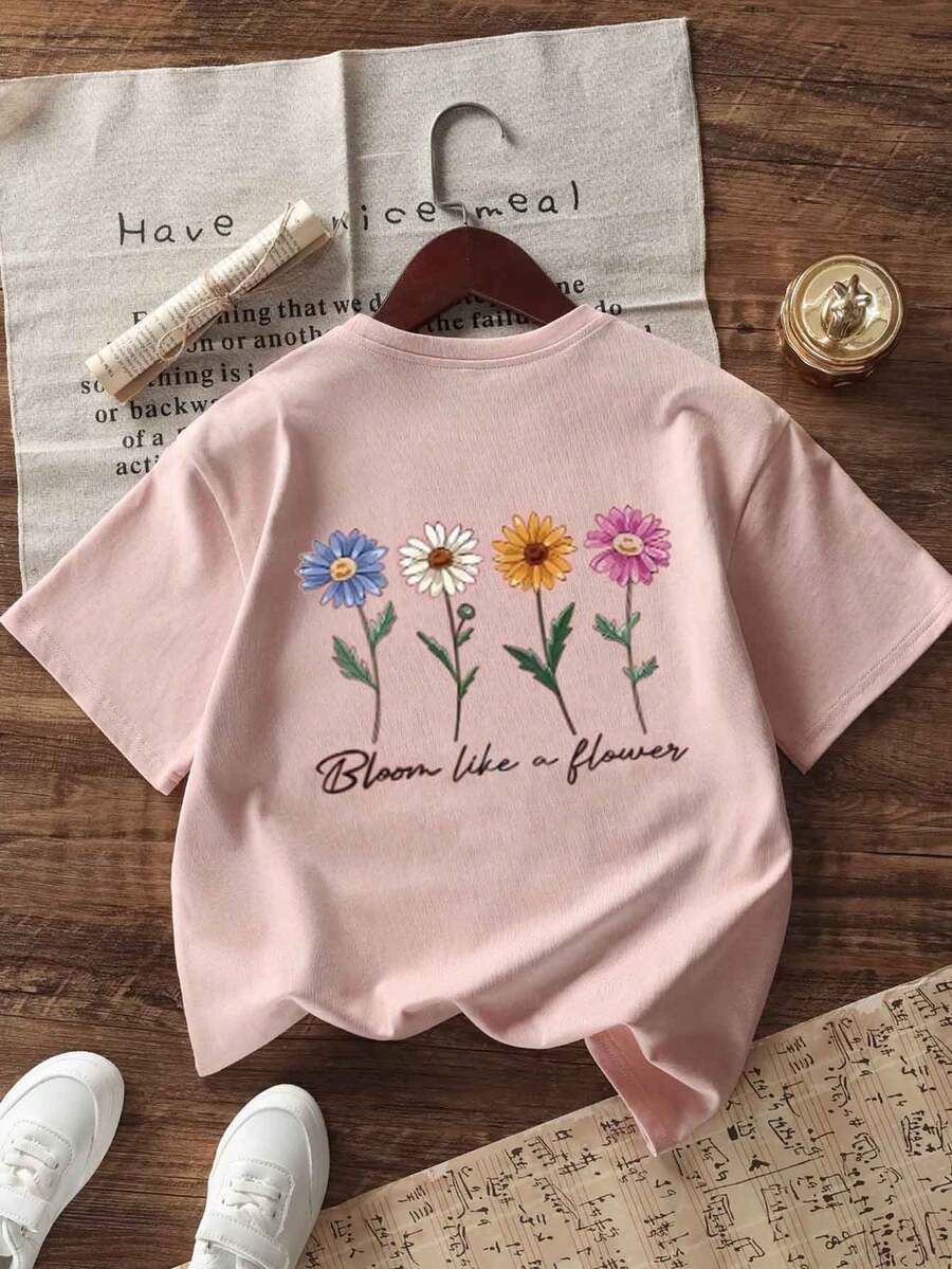 Tween 女童休闲图案印花圆领短袖 T 恤，夏季上衣