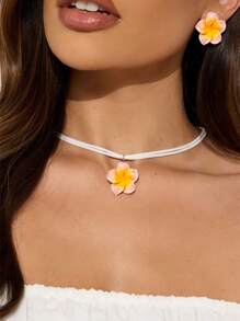 1 Set Of 3pcs Minimalist Resin Ombre Floral Pendant Necklace & Earring Jewelry Set, Fresh & Sweet Summer Vibe, Dopamine Induced Layered Floral Choker Necklace, Women Daily, Vacation, Party Wear