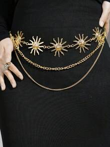 1pc Women's Retro Gold Metal Sunflower Chain Waist Belt, Tassel Floral Body Chain Decor, Casual Summer, School