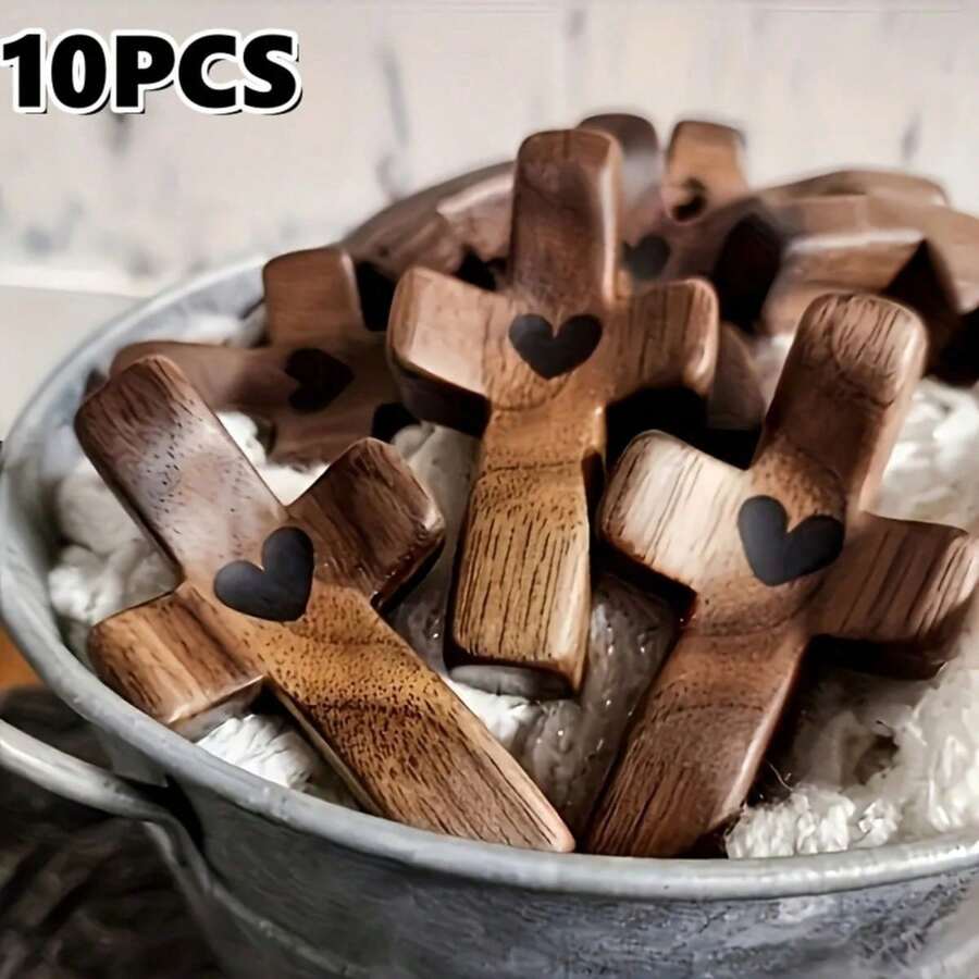 1/3/5/10/20 pezzi Croci in legno vintage con dettagli a forma di cuore - Croci cristiane portatili adatte per preghiera, conforto e esposizione da tavolo - Croci in legno multifunzionali adatte per decorazione domestica e regali religiosi, decorazioni stagionali, loghi e targhe
