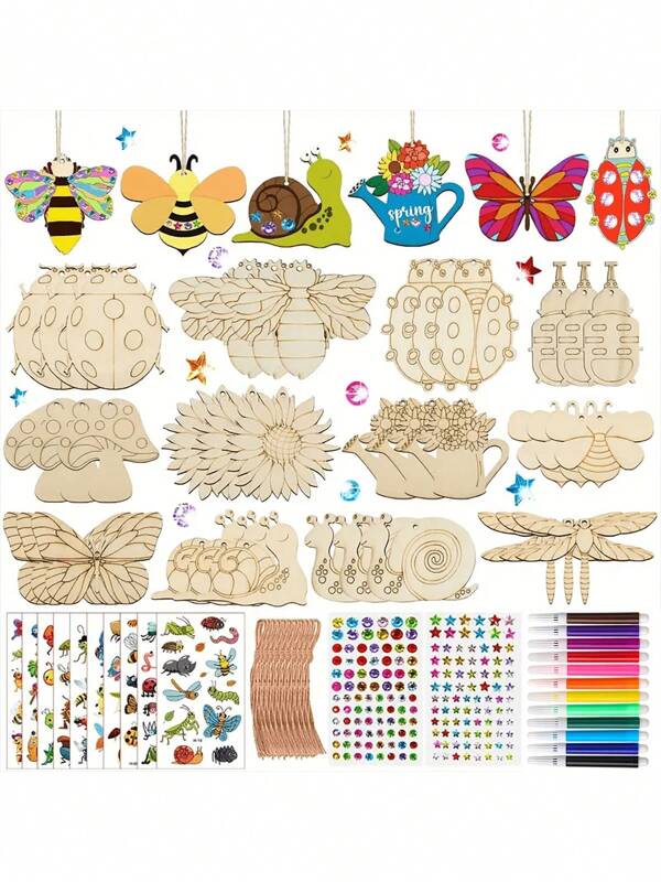 288-Piece Wooden Crafts Set, Insect And Animal Theme One Includes 36 Wood Boards, 202 Gems, 12 Watercolor Pens And 2 Stickers, DI Crafts Set For Kids, Wooden Crafts Supplies Set For All Seasons