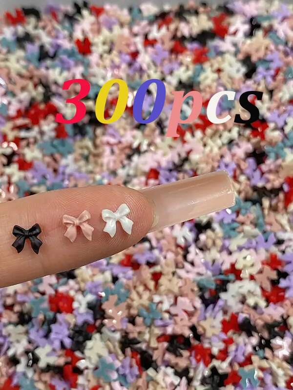 300pcs Cute 3D Bow Nail Charms, Assorted Colors Random- Elegant Nail Art Decorations, Odorless, Perfect For Stylish Manicures Phone Cases, Scrapbooking, And Jewelry