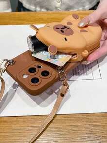 1个水豚造型斜挎卡包手机壳，可爱创意时尚手机壳，兼容 11 12 13 14 15 16 17 Pro Max（卡包采用柔软硅胶材质，效果可能因手机型号而异） - 深棕色 - 查看 4