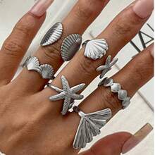 Juego de 6 anillos de personalidad bohemia con estrella de mar de estilo vintage y acabado liso vegano