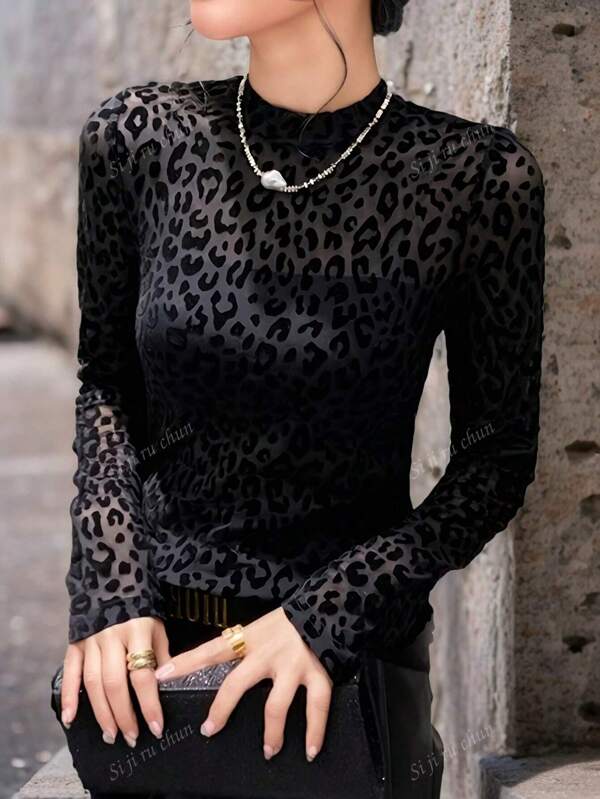 Plus Size Women's Elegant Round Neck Long Sleeve T-Shirt, Sexy Leopard Print Flocked Mesh Panel Fitted Slim Waist Casual Undershirt