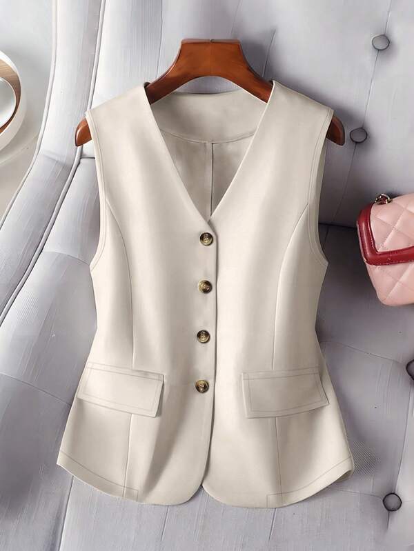 Women's Casual Single-Breasted Sleeveless Blazer Jacket, Lightweight For Commuting, Spring/Summer